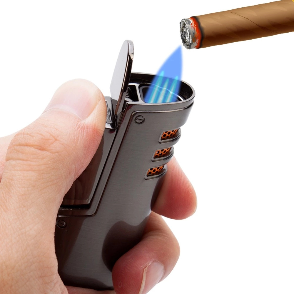 utility design promotional wholesales metal 3 triple flame torch jet cigar fluid fire refillable gas v flame lighter