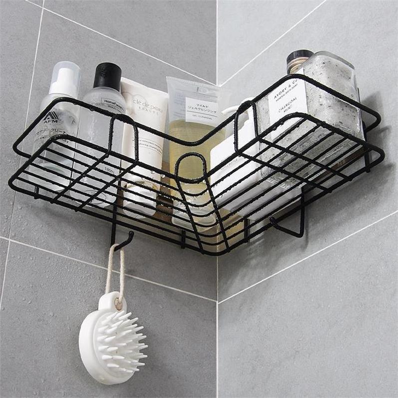 Bathroom kitchen Punch Corner Frame Shower Shelf Wrought Iron Shampoo Storage Rack Holder with Suction Cup