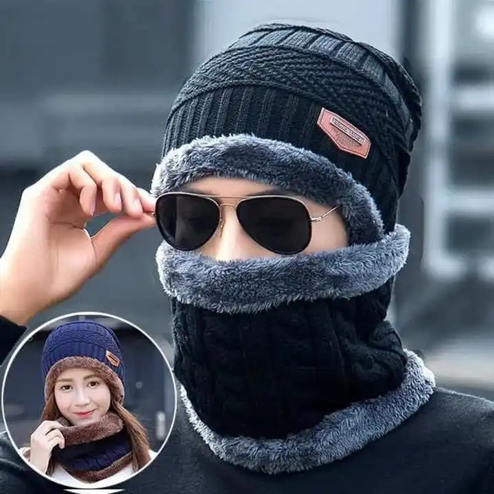 I-0085 Soft Thicken Wool Ski Hat Men Warm Hats Neck Warm Winter Wool Hat Set Women Men Beanie Knitted Cap Scarf Set