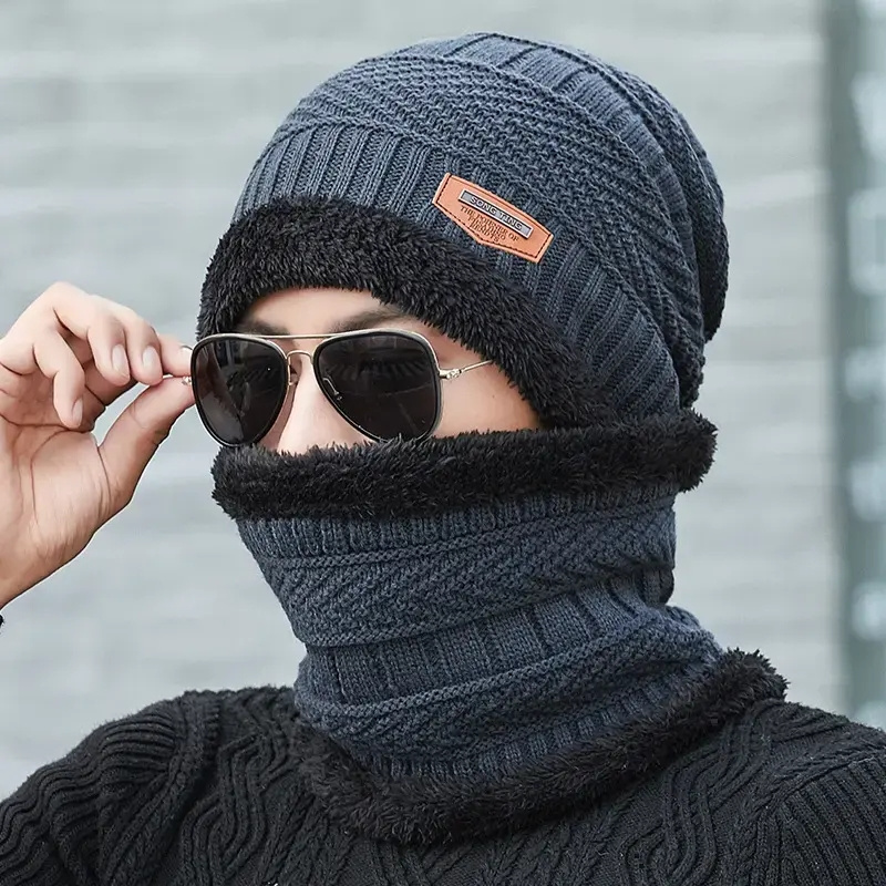 I-0085 Soft Thicken Wool Ski Hat Men Warm Hats Neck Warm Winter Wool Hat Set Women Men Beanie Knitted Cap Scarf Set