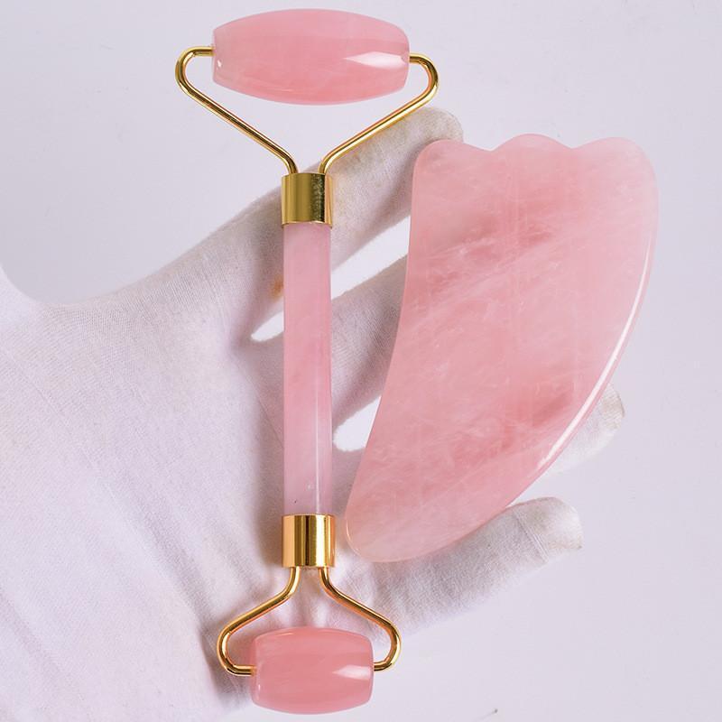 K1009 Natural Pink Crystal Jade Roller Double Head Rose Quartz Massage Roller Real Stone Facial  Gua sha Tool Set