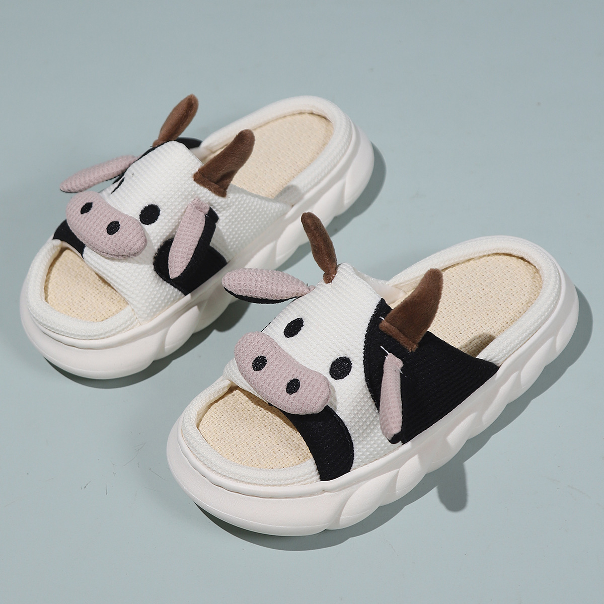 Women EVA Sole Open Toe Thick Sole Cute Animal Cartoon Cow Slippers High Quality Indoor Home House Cotton Linen Slippers