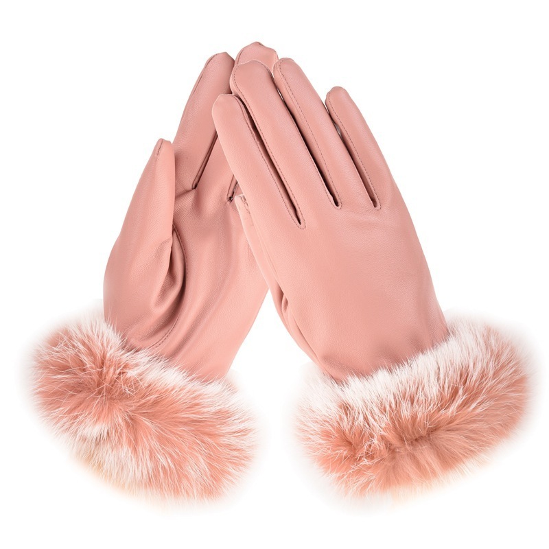 Women's Autumn Winter PU Leather Warm Dress Gloves Fashion Ladies Imitation Rabbit Fur Gloves