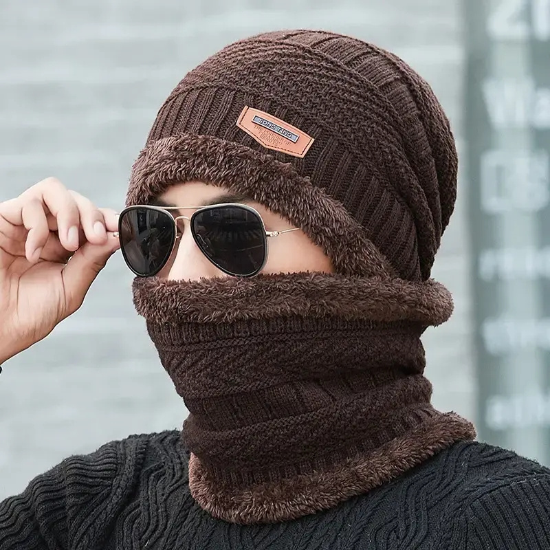 I-0085 Soft Thicken Wool Ski Hat Men Warm Hats Neck Warm Winter Wool Hat Set Women Men Beanie Knitted Cap Scarf Set