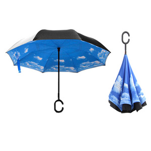 K22 C Handle Windproof Reverse Folding Umbrella Man Women Sun Rain Car Inverted Umbrellas Double Layer Anti UV  Umbrella