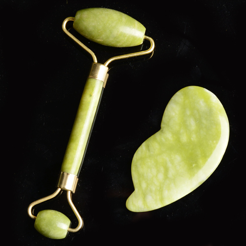 2 in 1 Facial Massage Roller and Gua Sha Tools K15 Natural Jade Scraper Massager with Stones for Face Neck Back and Jawline