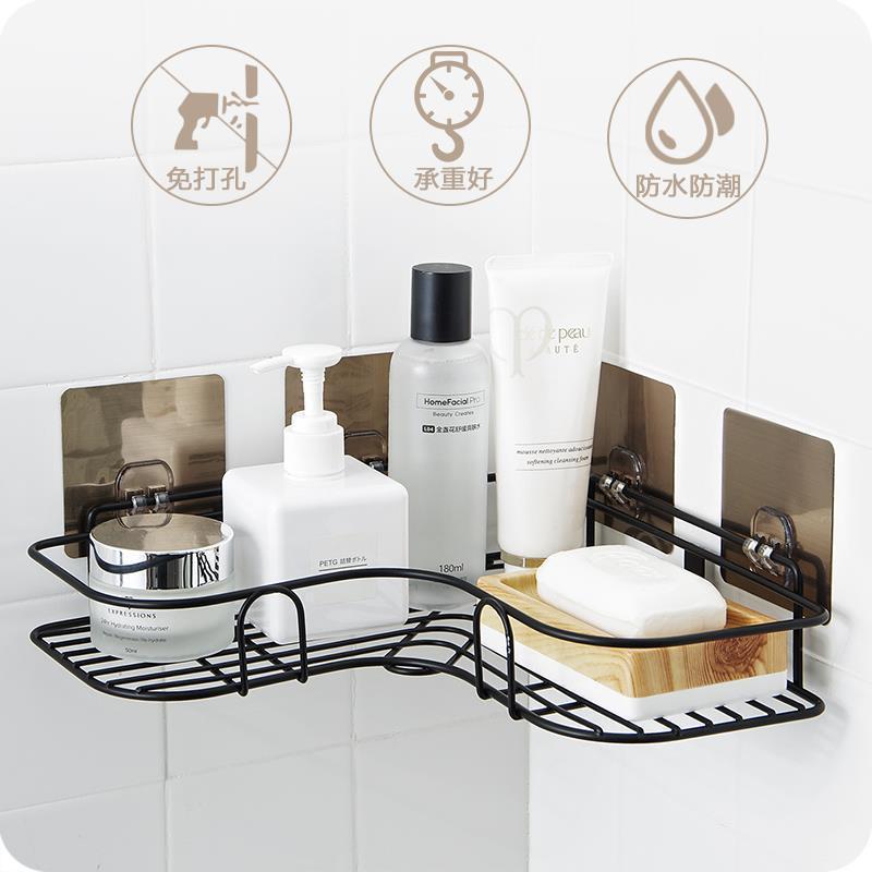 Bathroom kitchen Punch Corner Frame Shower Shelf Wrought Iron Shampoo Storage Rack Holder with Suction Cup