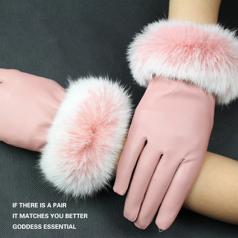 Women's Autumn Winter PU Leather Warm Dress Gloves Fashion Ladies Imitation Rabbit Fur Gloves