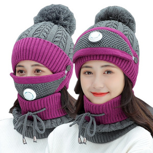 3PCS Knitted Winter Warm Ski Hat Scarf Set Women Thicken Skullies Beanies and Ring Scarf Female Accessories Girls Gift