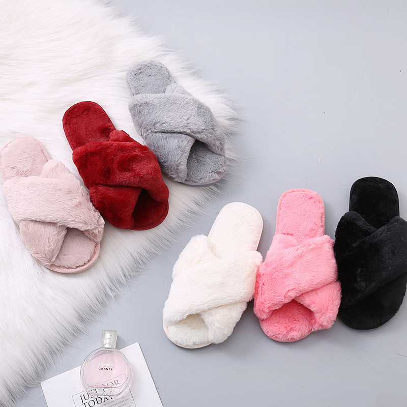 Fashion Warm Shoes Woman Slip on Flats Female Slides Women Winter Home Slippers with Faux Fur