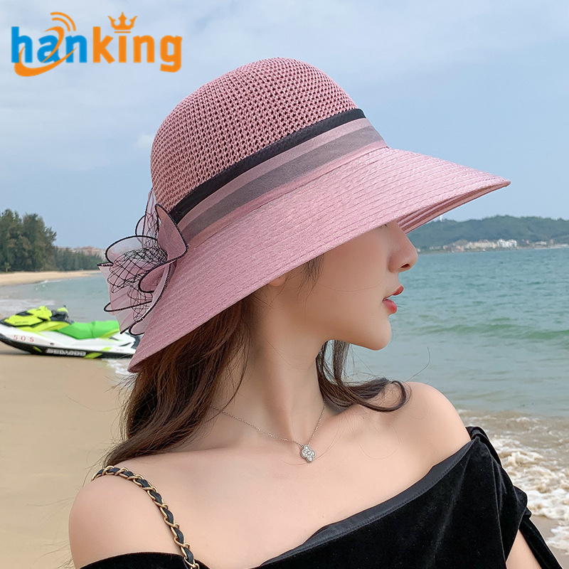 Ehanking Women's Church Derby Wide Brim Straw Bucket Hat Wedding Mesh Floral Hat Fascinator Beach Sun Protective Hat