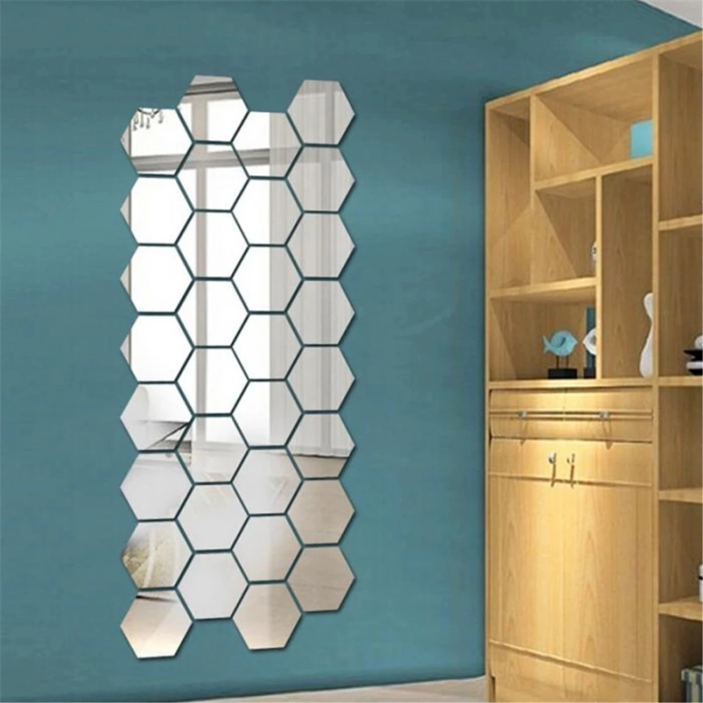 Mirror Wall Sticker Hexagon Acrylic DIY Self Adhesive Mirror Sticker Removable Art Wall Decals For Home Bedroom Decor R2176