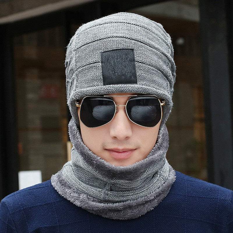 Men Warm Skullies Beanie + Scarf Two-Piece Set Winter Thicken Hat Male Windproof Knitting Caps Neck Warmer