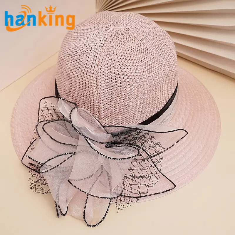 Ehanking Women's Church Derby Wide Brim Straw Bucket Hat Wedding Mesh Floral Hat Fascinator Beach Sun Protective Hat