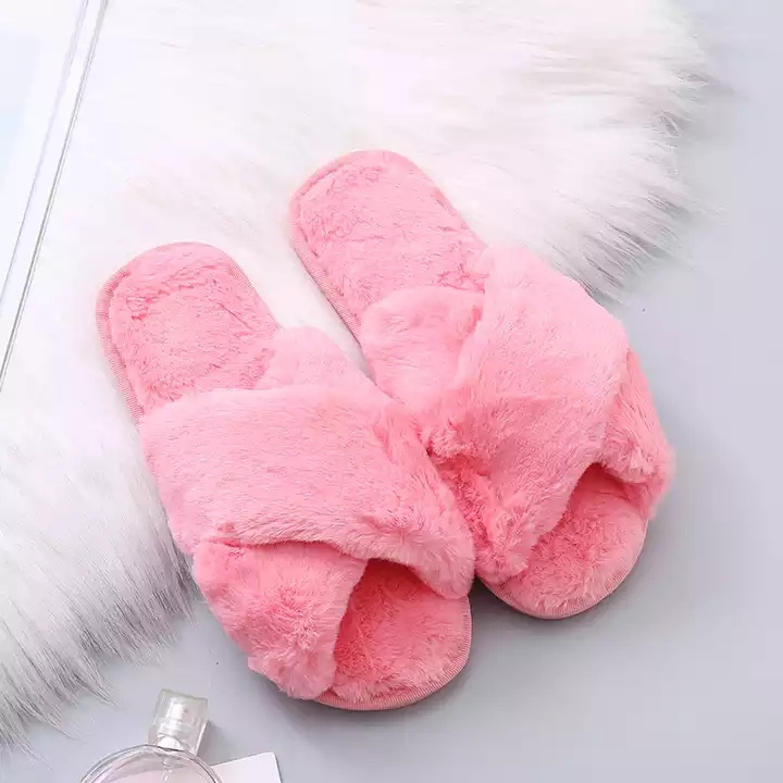 Winter Home Slippers Shoes Ladies Cross Soft Plush Furry Female Open Toe Slides Women Warm Faux Fur Slippers