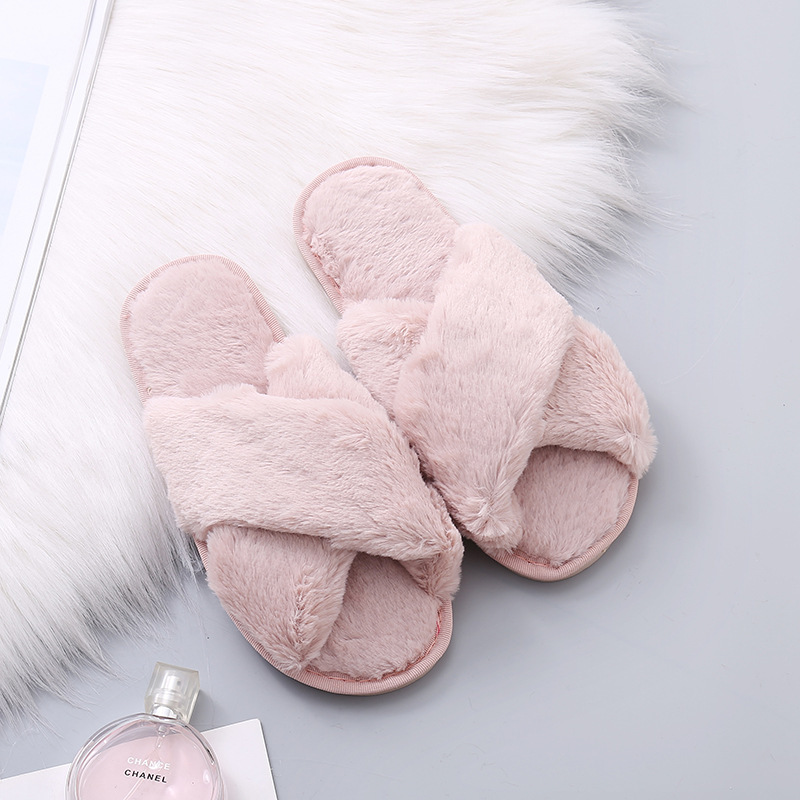 Winter Home Slippers Shoes Ladies Cross Soft Plush Furry Female Open Toe Slides Women Warm Faux Fur Slippers