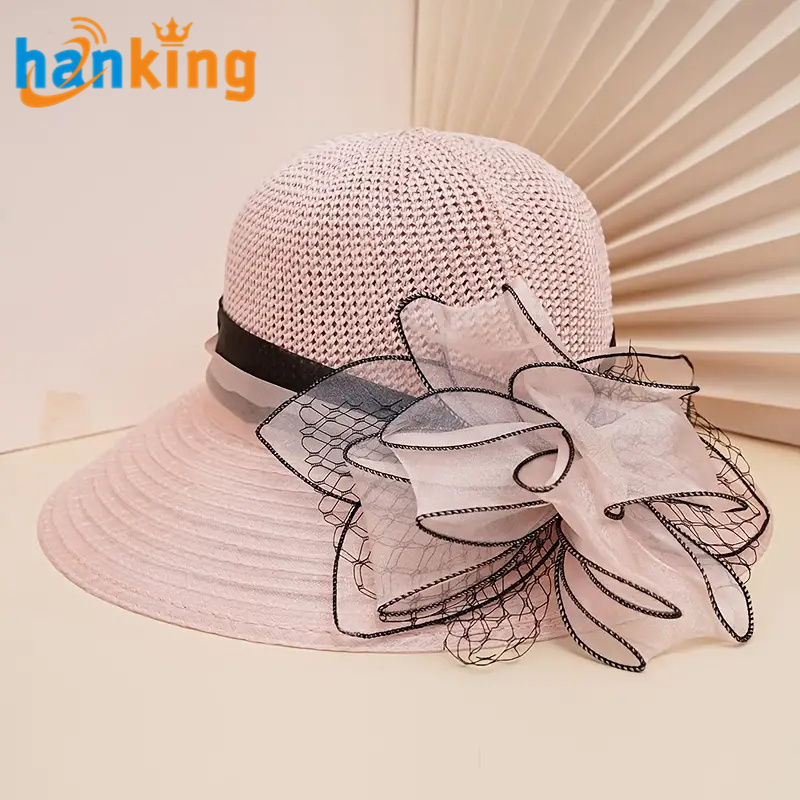 Ehanking Women's Church Derby Wide Brim Straw Bucket Hat Wedding Mesh Floral Hat Fascinator Beach Sun Protective Hat