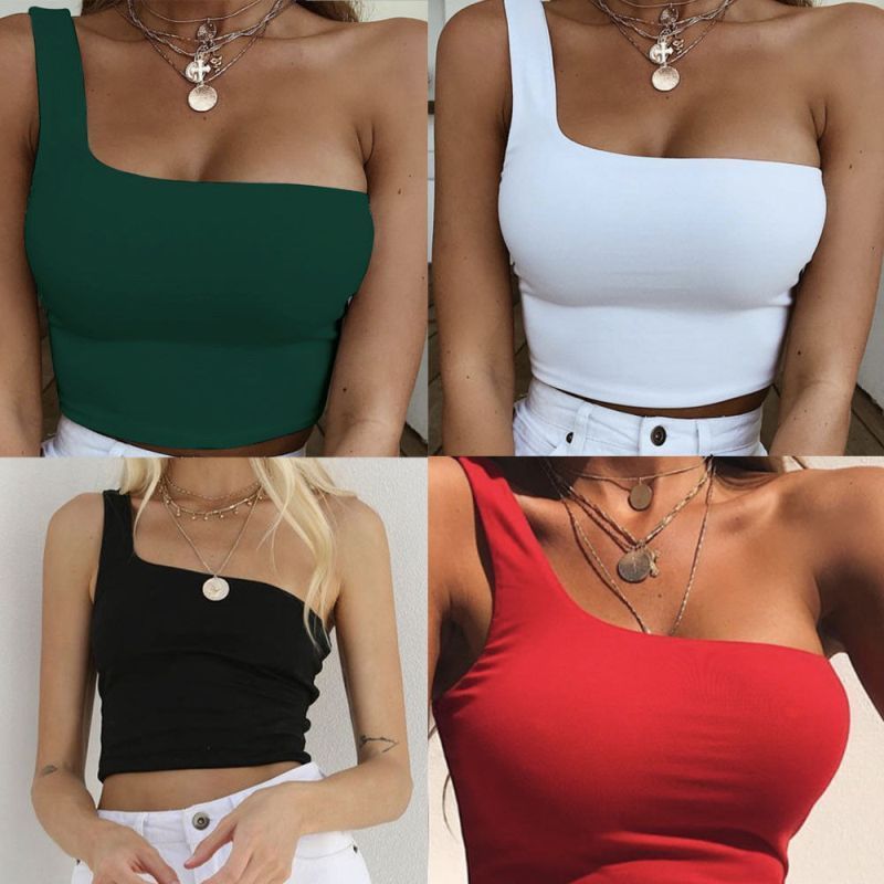 T1346 Women Sexy Cool Single Vest Bare Midriff Sleeveless T-Shirt Summer Beach Crop Top  One Shoulder Tank Tops