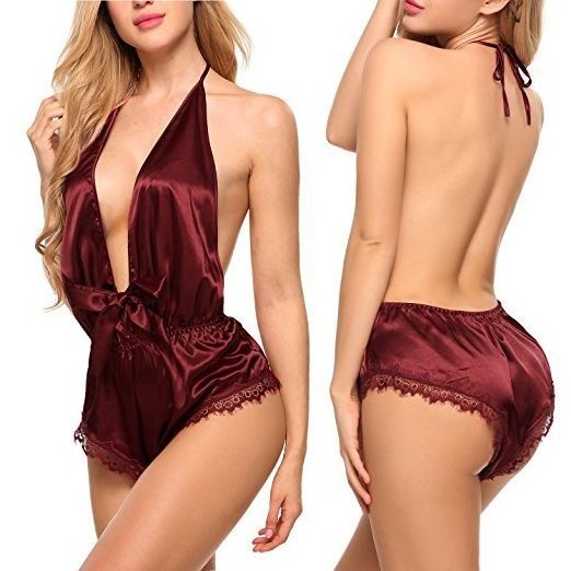 Women Sexy Lace Satin Lingerie Smooth Deep V-Neck Silk Nightwear Sleepwear Set Nighties Women Night Dress Wear