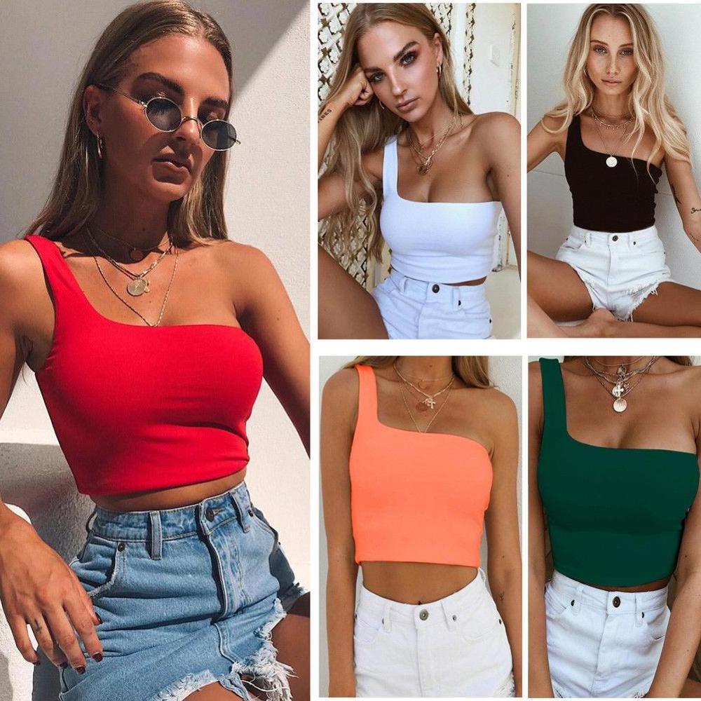 T1346 Women Sexy Cool Single Vest Bare Midriff Sleeveless T-Shirt Summer Beach Crop Top  One Shoulder Tank Tops