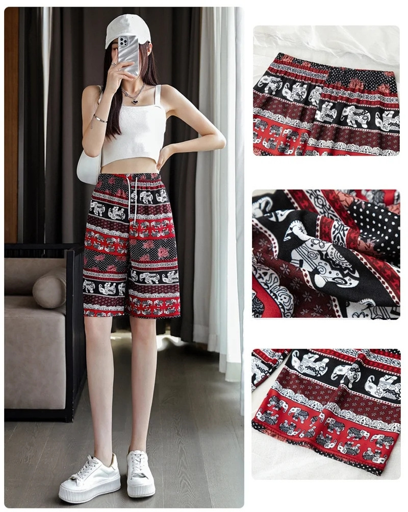 Home Cool Shorts Plus Size Beach Pants Summer New Ethnic Five-Point Thailand Elephant Women Casual Shorts