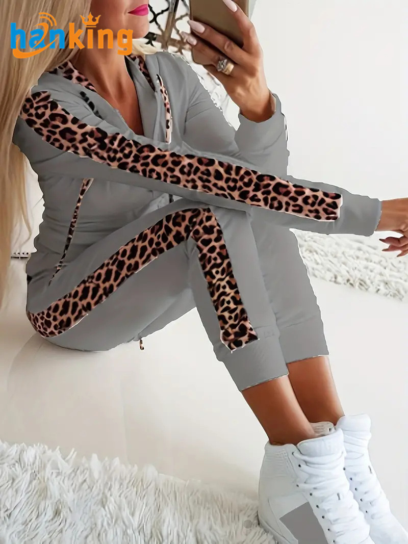 Women Leopard Print Long Sleeve Hoodies Sweatshirt Tops Pants Tracksuits Ladies Casual High Waist Elastic Jogging 2 pieces Set