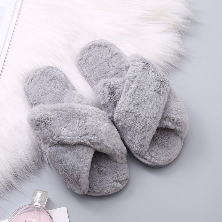 Winter Home Slippers Shoes Ladies Cross Soft Plush Furry Female Open Toe Slides Women Warm Faux Fur Slippers