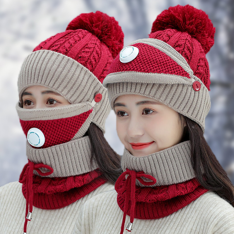 3PCS Knitted Winter Warm Ski Hat Scarf Set Women Thicken Skullies Beanies and Ring Scarf Female Accessories Girls Gift