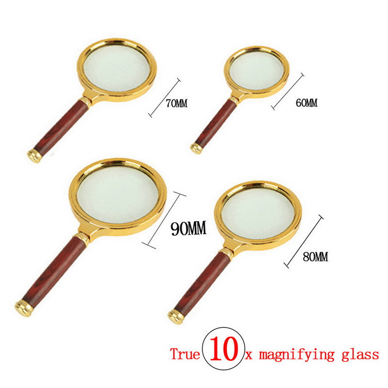 Handheld 10X Magnifying Glass Portable Magnifier 60mm 70mm 80mm 90mm Retro Handle Eye Loupe Glass R0755