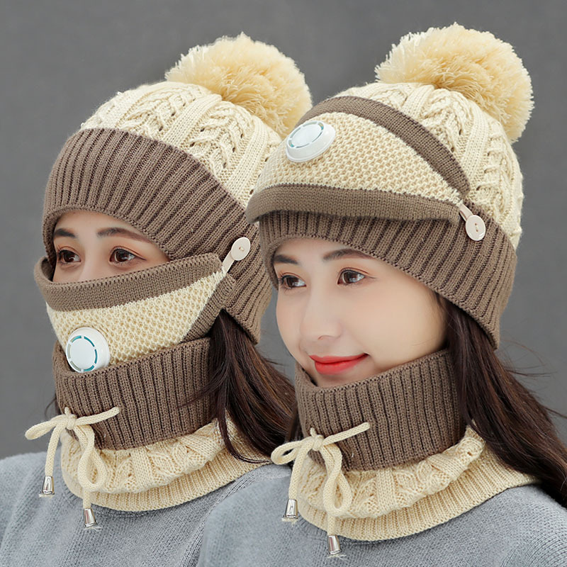 3PCS Knitted Winter Warm Ski Hat Scarf Set Women Thicken Skullies Beanies and Ring Scarf Female Accessories Girls Gift