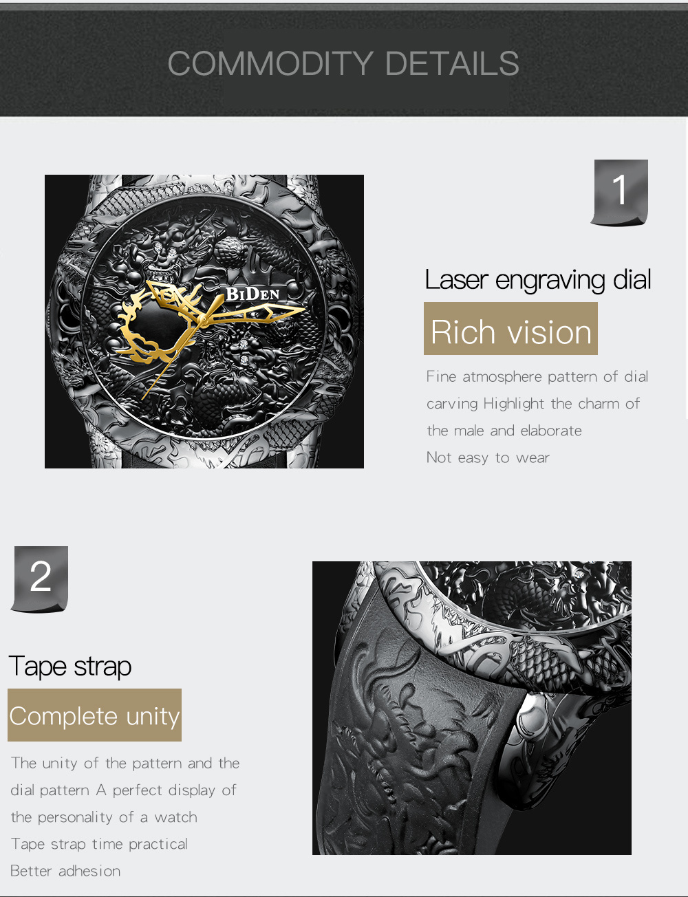 New Fashion Sculpture Dragon Men's Quartz Watches Brand BIDEN Gold Mechanical Watch Men Exquisite Relief Creative Clock