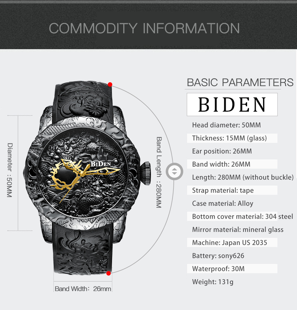 New Fashion Sculpture Dragon Men's Quartz Watches Brand BIDEN Gold Mechanical Watch Men Exquisite Relief Creative Clock