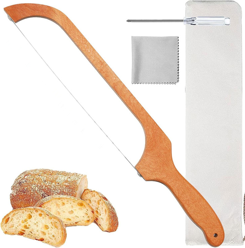 Beech Wood Handle Bread Cutter Stainless Steel Baguette Cutting Tool Toast Loaf Bread Serrated Bow Knife