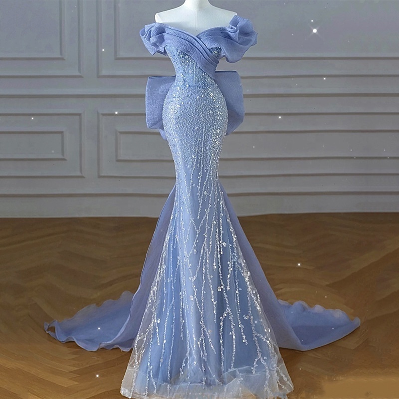 Haze Blue Beaded Mermaid Dresses Elegant Prom Banquet Evening Dresses Wedding Dresses for Bridesmaid