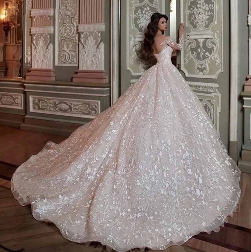 Robe De Mariage Luxury Lace Ball Gown Wedding Dress Princesse Illusion Long Sleeve Scoop Neck Wedding Gown With Beaded Waistline