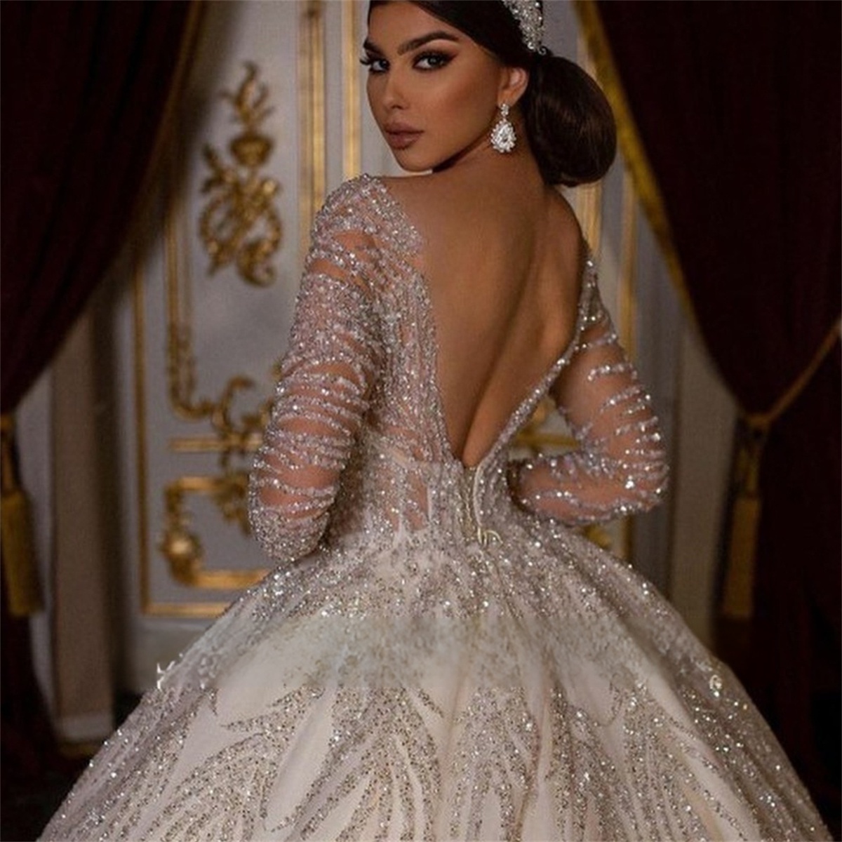 New African Luxury Wedding Dresses Sheer Neck Long Sleeves Bridal Dress Beaded Sequins Satin Wedding Gown for Bride