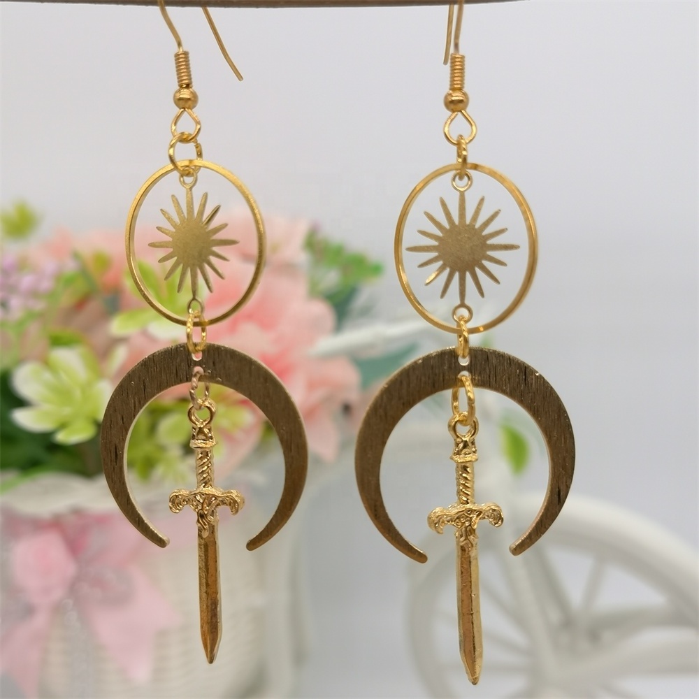 Fashion Golden Sun and Moon Earrings Brass Avant-garde Sword Jewelry Daggers Celestial Earrings