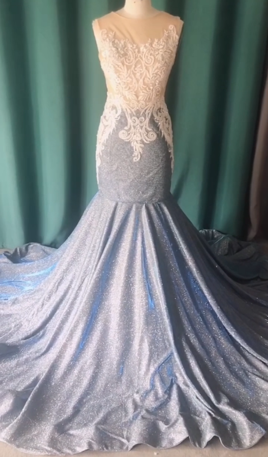 Glitter Grey Sequin Mermaid Prom Dresses Luxury O Neck Lace Appliques Plus Size Birthday Party Gowns For Arabic Custom Made