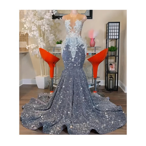 Glitter Grey Sequin Mermaid Prom Dresses Luxury O Neck Lace Appliques Plus Size Birthday Party Gowns For Arabic Custom Made