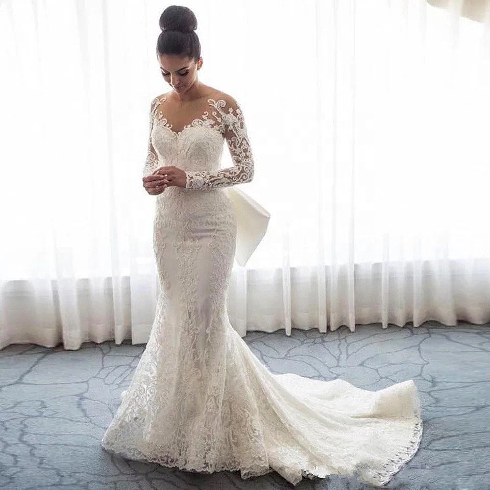 Luxury Mermaid Wedding Dresses Detachable Tail Long Sleeves Full Lace Applique Bow Vestidos De Novia Alta Calidad