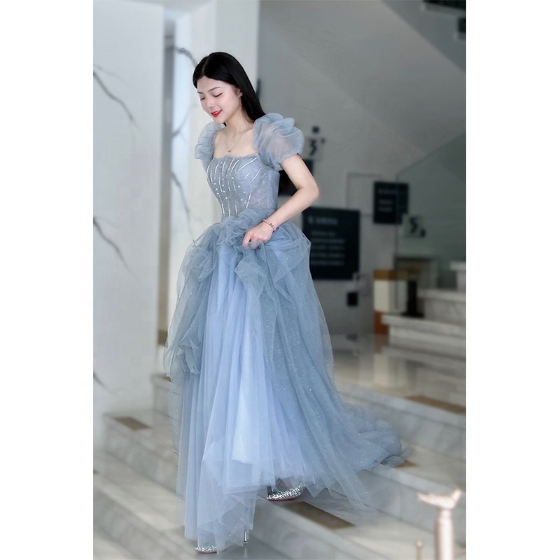 Dusty Blue Beading Shiny Glitter Prom Dress Fairy Quinceanera Wedding Dresses for Bridesmaid Party Evening Dresses