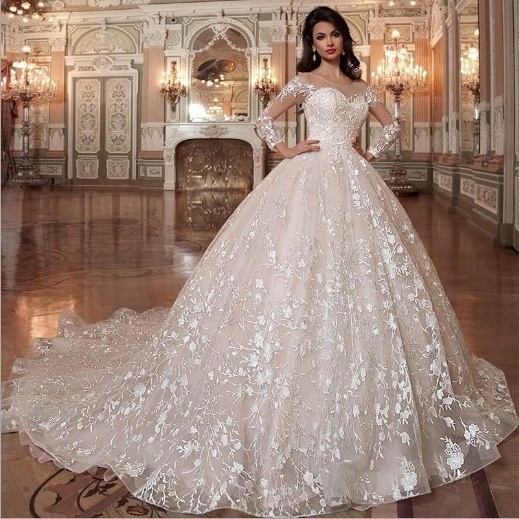 Robe De Mariage Luxury Lace Ball Gown Wedding Dress Princesse Illusion Long Sleeve Scoop Neck Wedding Gown With Beaded Waistline