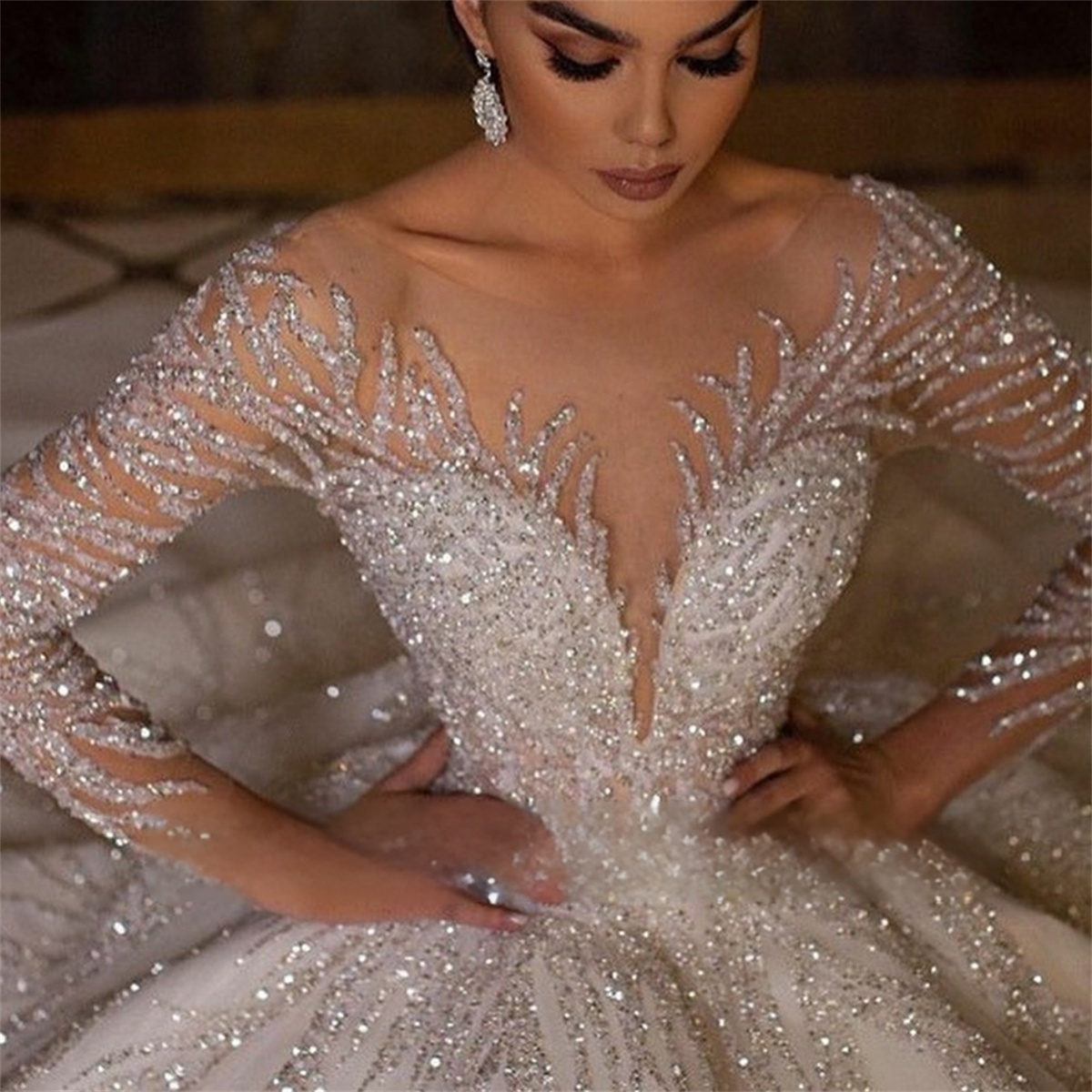 New African Luxury Wedding Dresses Sheer Neck Long Sleeves Bridal Dress Beaded Sequins Satin Wedding Gown for Bride