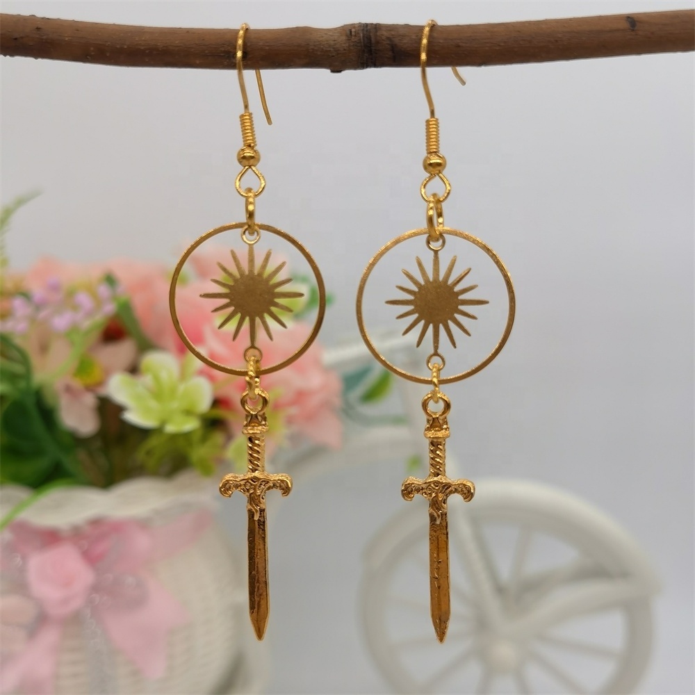 Fashion Golden Sun and Moon Earrings Brass Avant-garde Sword Jewelry Daggers Celestial Earrings