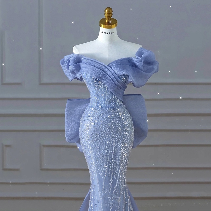 Haze Blue Beaded Mermaid Dresses Elegant Prom Banquet Evening Dresses Wedding Dresses for Bridesmaid