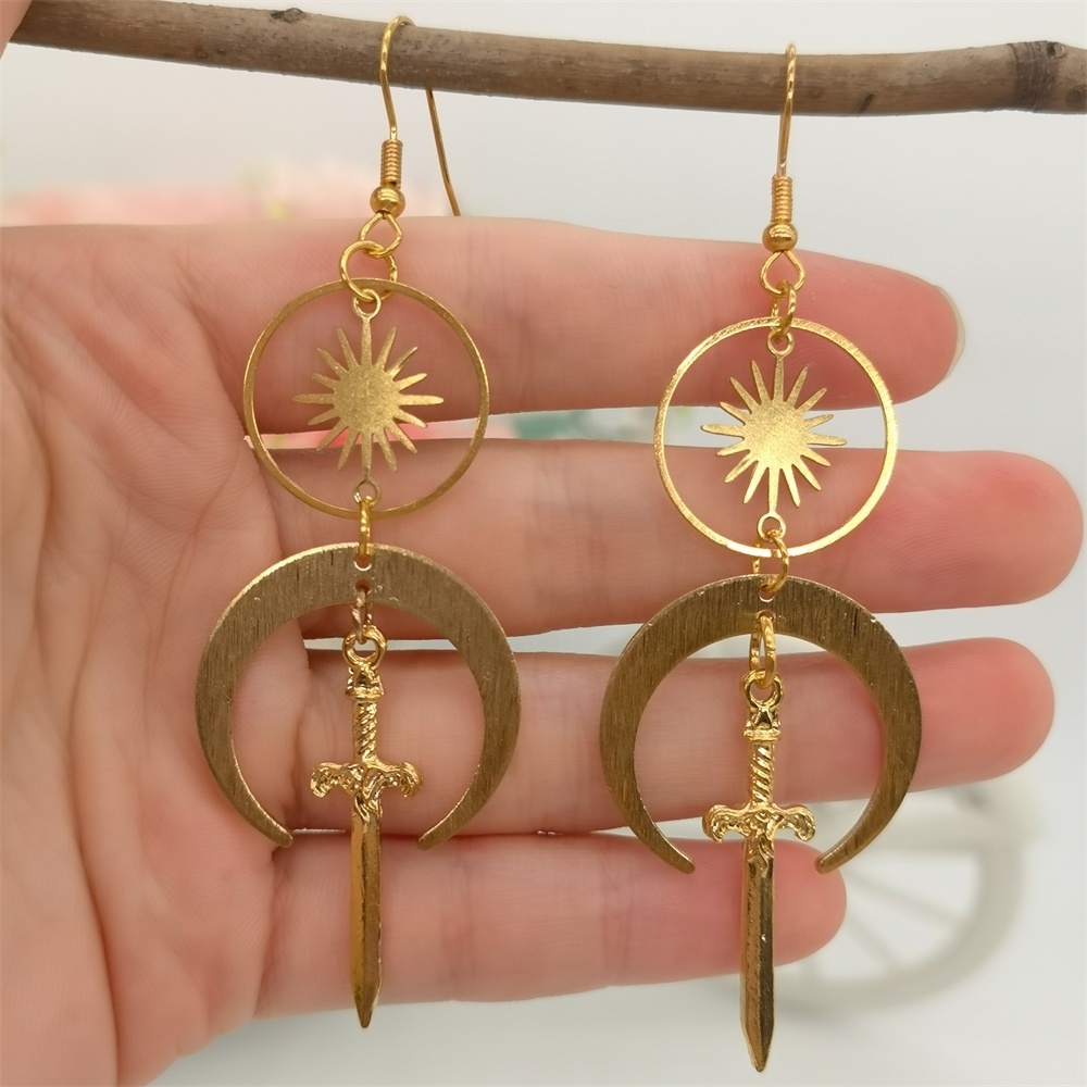 Fashion Golden Sun and Moon Earrings Brass Avant-garde Sword Jewelry Daggers Celestial Earrings