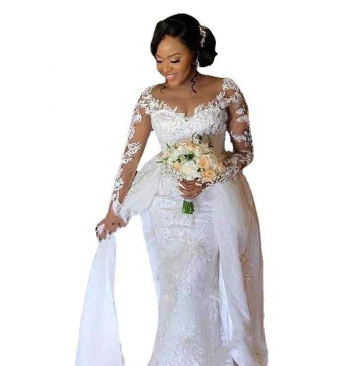 African Wedding Dresses Lace Long Sleeve Round Mermaid Bridal Wedding Dress with Detachable Overskirt Neck Custom Made