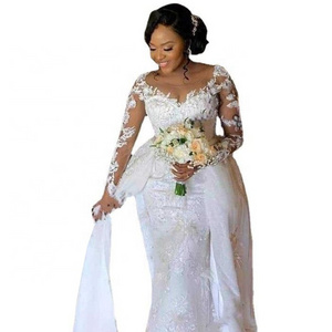 African Wedding Dresses Lace Long Sleeve Round Mermaid Bridal Wedding Dress with Detachable Overskirt Neck Custom Made