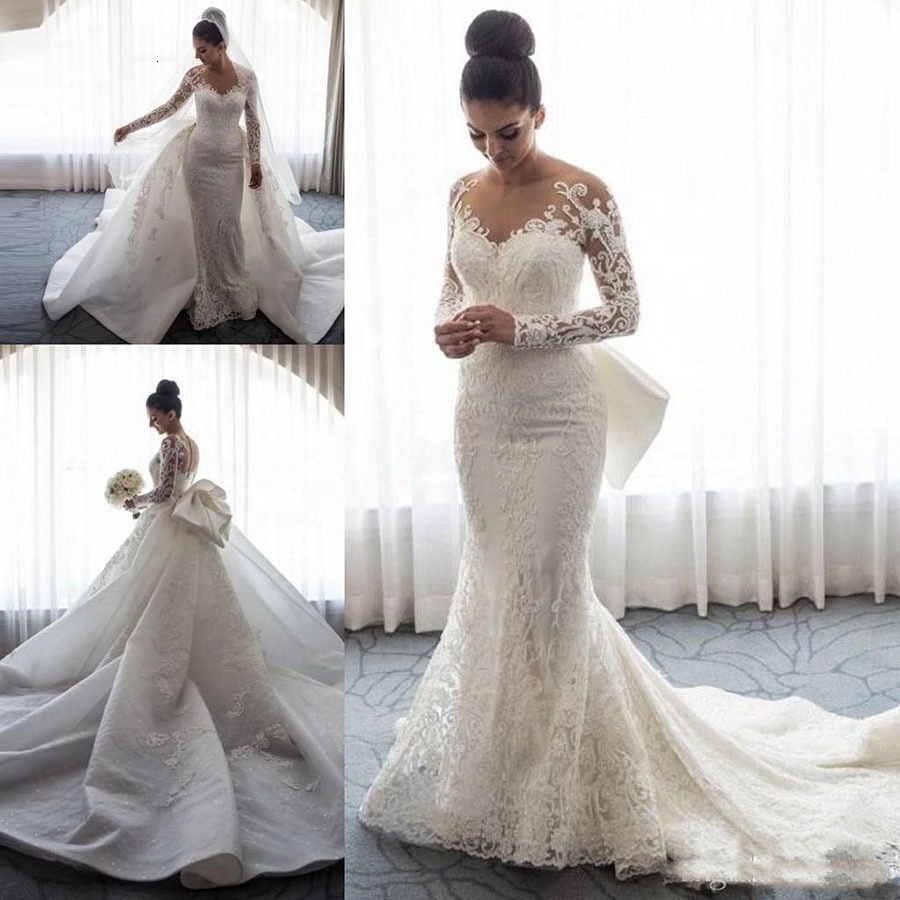 Luxury Mermaid Wedding Dresses Detachable Tail Long Sleeves Full Lace Applique Bow Vestidos De Novia Alta Calidad