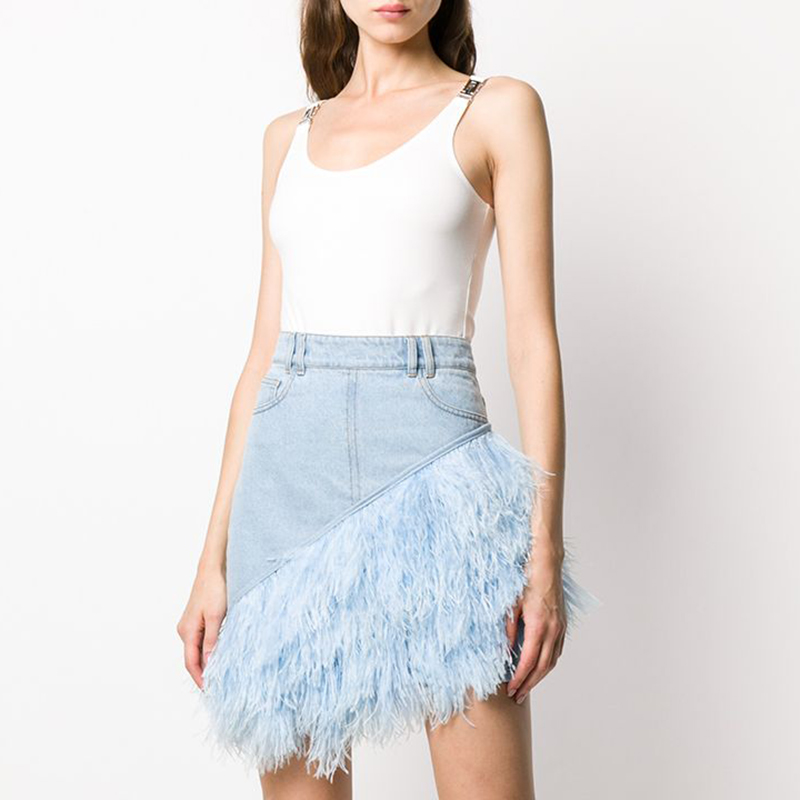 Custom high waist light blue trimmed denim Ostrich Feather Skirt